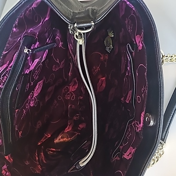 Betsey Johnson White Black Striped Lipstick Applique Hand Bag PurseChain Straps - Picture 11 of 16